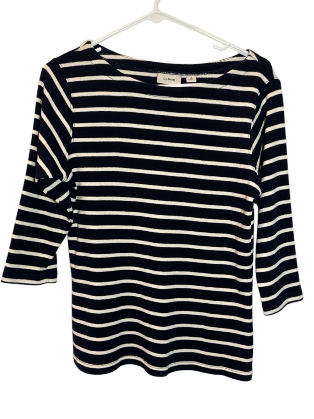 VTG LL Bean Womens Top Sm Blue Striped 3/4 Sleeve Boat Neck Knit Pullover